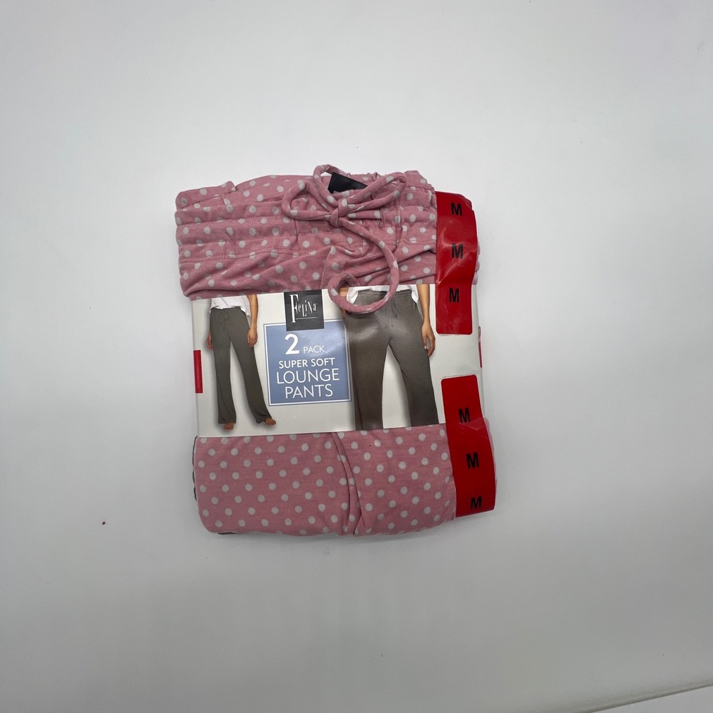 Felina 2 Pack Super Soft Lounge Pants Pink Polka Dot Grey Size Medium NWT